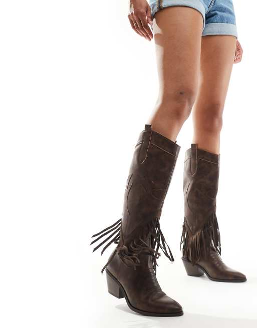 Glamorous western knee boots with tassels in dark brown washed ASOS