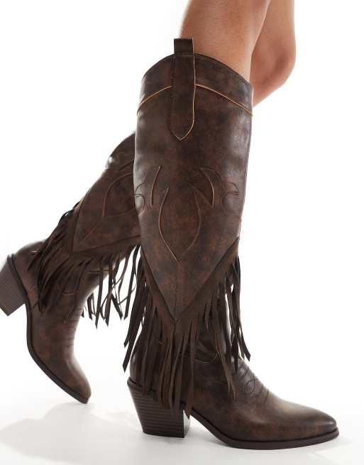 Glamorous western knee boots with tassels in dark brown washed