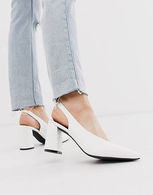 Glamorous white block heeled sling back shoes