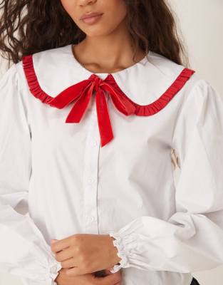 Glamorous white blouse with red tipping and bow | ASOS
