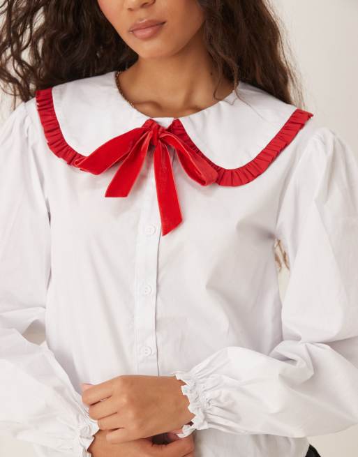 Glamorous white blouse with red tipping and bow | ASOS