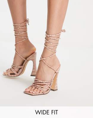 Glamorous Wide Fit ankle strap heel sandals in blush croc-Pink