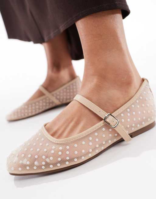 Glamorous Wide Fit ballerina flats in mesh beige polkadot, 3 of 4