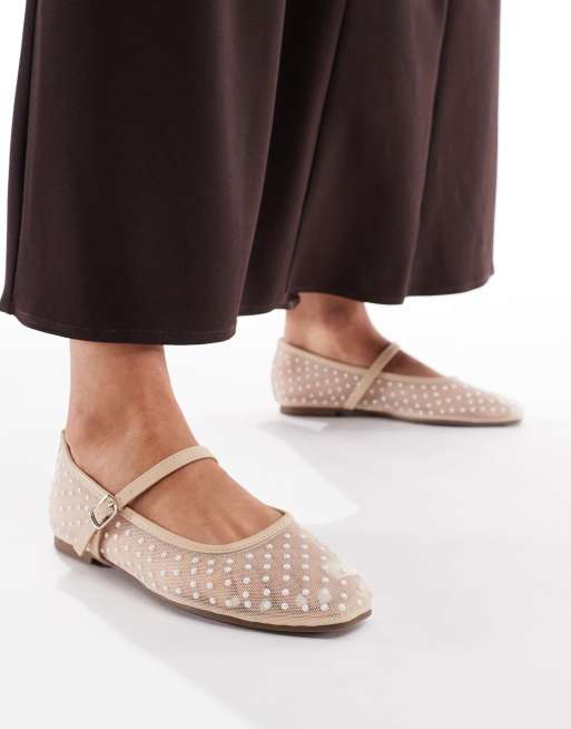 Glamorous Wide Fit ballerina flats in mesh beige polkadot, 4 of 4