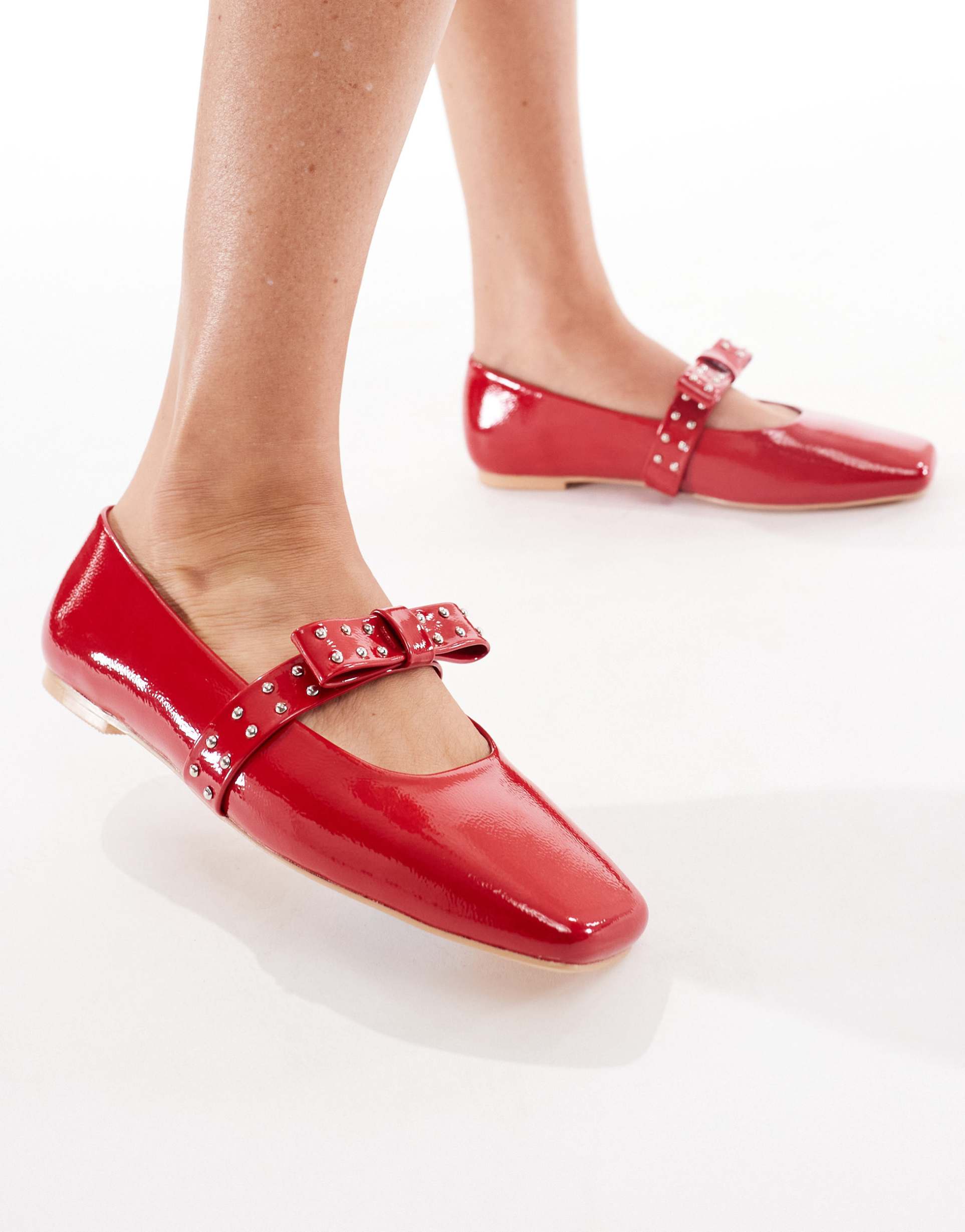 glamorous wide fit ballet flats with bow details in red