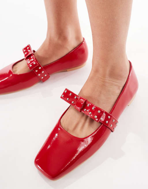 Glamorous Wide Fit ballet flats with bow details in red, 3 of 4