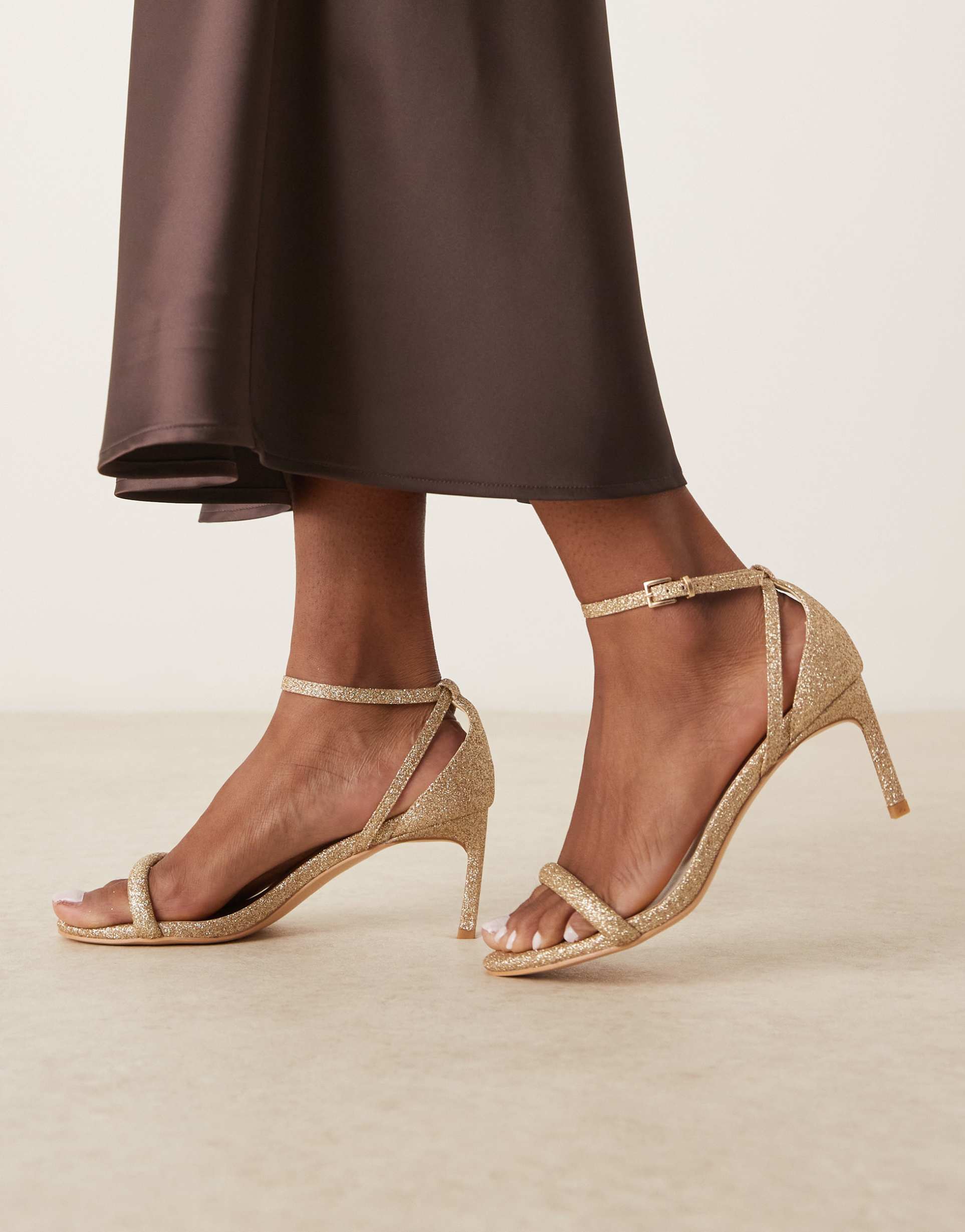glamorous wide fit barely there heeled sandals in gold glitter