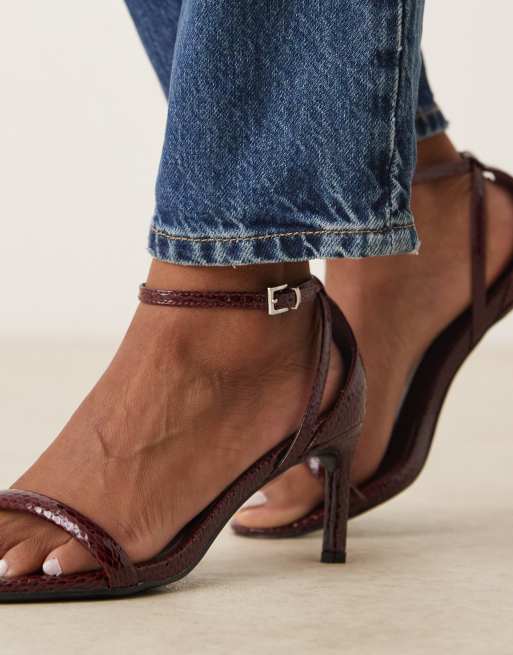 Glamorous Wide Fit barely there heeled sandals in wine croc, 2 of 4