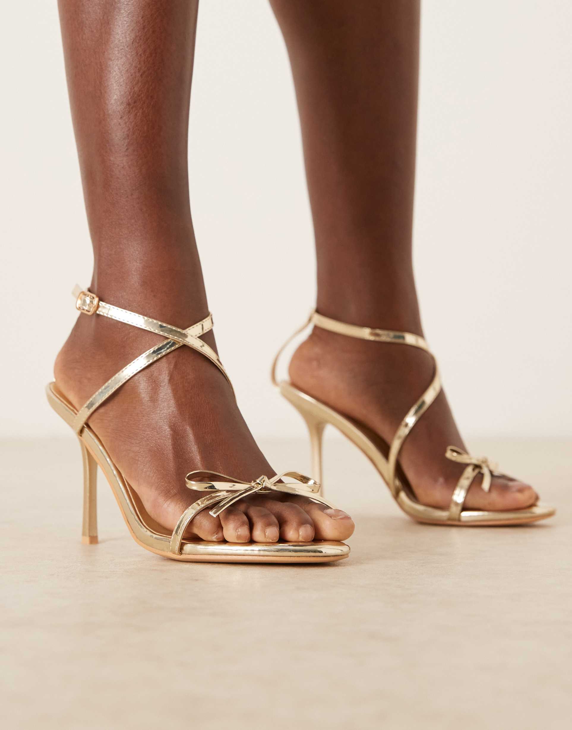 glamorous wide fit barely there heeled sandals with bow in gold