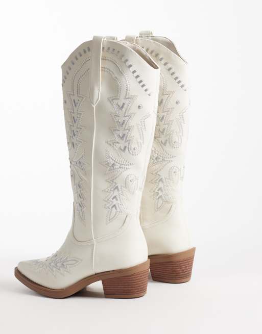 Glamorous Wide Fit – Bestickte, kniehohe Westernstiefel in Cremeweiß, 3 von 4