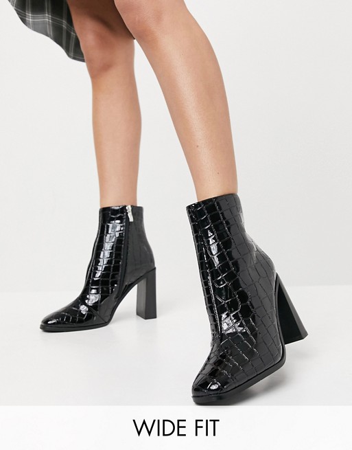 Glamorous Wide Fit block heel ankle boots in black croc