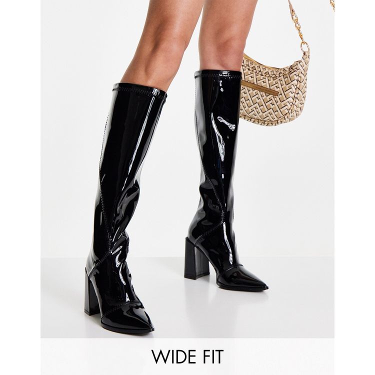 Glamorous Wide Fit block heel knee boot in black patent stretch