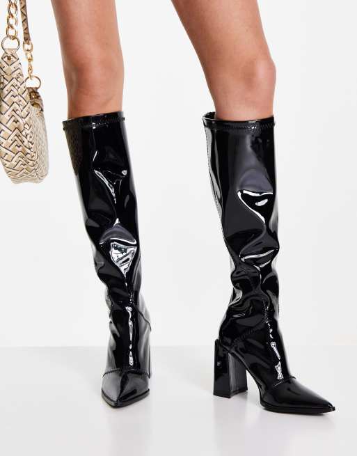 Black patent knee shop high boots wide fit