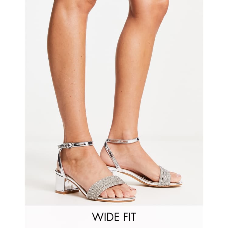 Glamorous Wide Fit block heel sandals in silver rhinestone ASOS