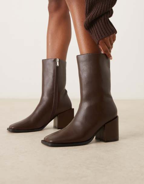 Glamorous Wide Fit block heel square toe boots in brown micro - view 1