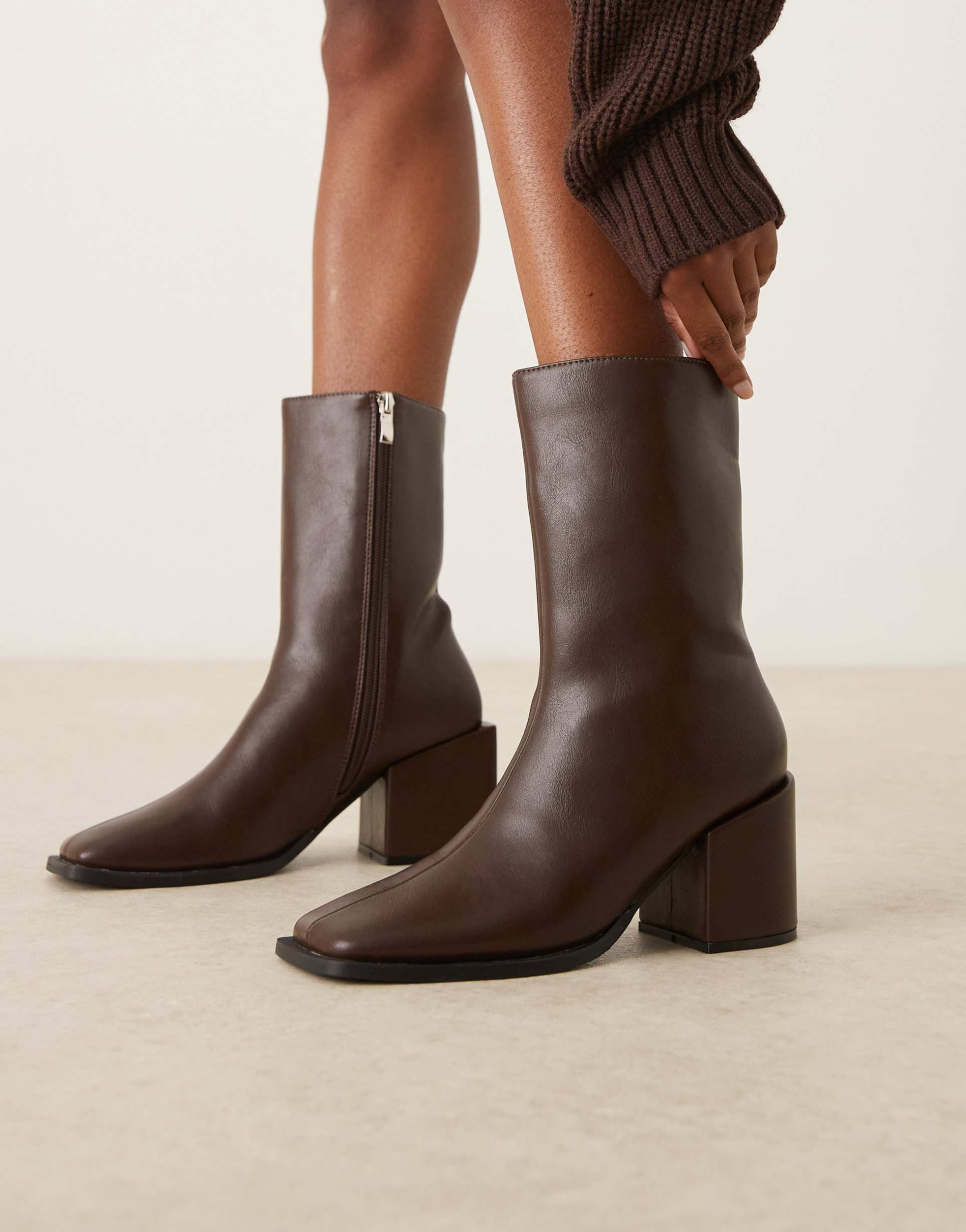 glamorous wide fit block heel square toe boots in brown