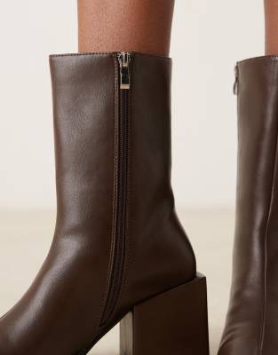 Glamorous Wide Fit Block Heel Square Toe Boots In Brown