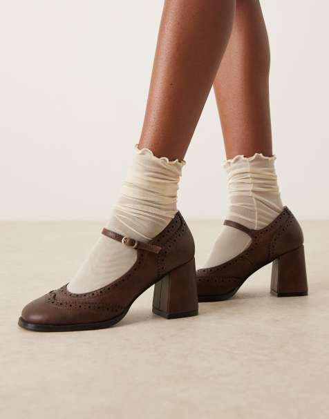 Glamorous Wide Fit block heeled mary jane shoes in washed brown - view 1