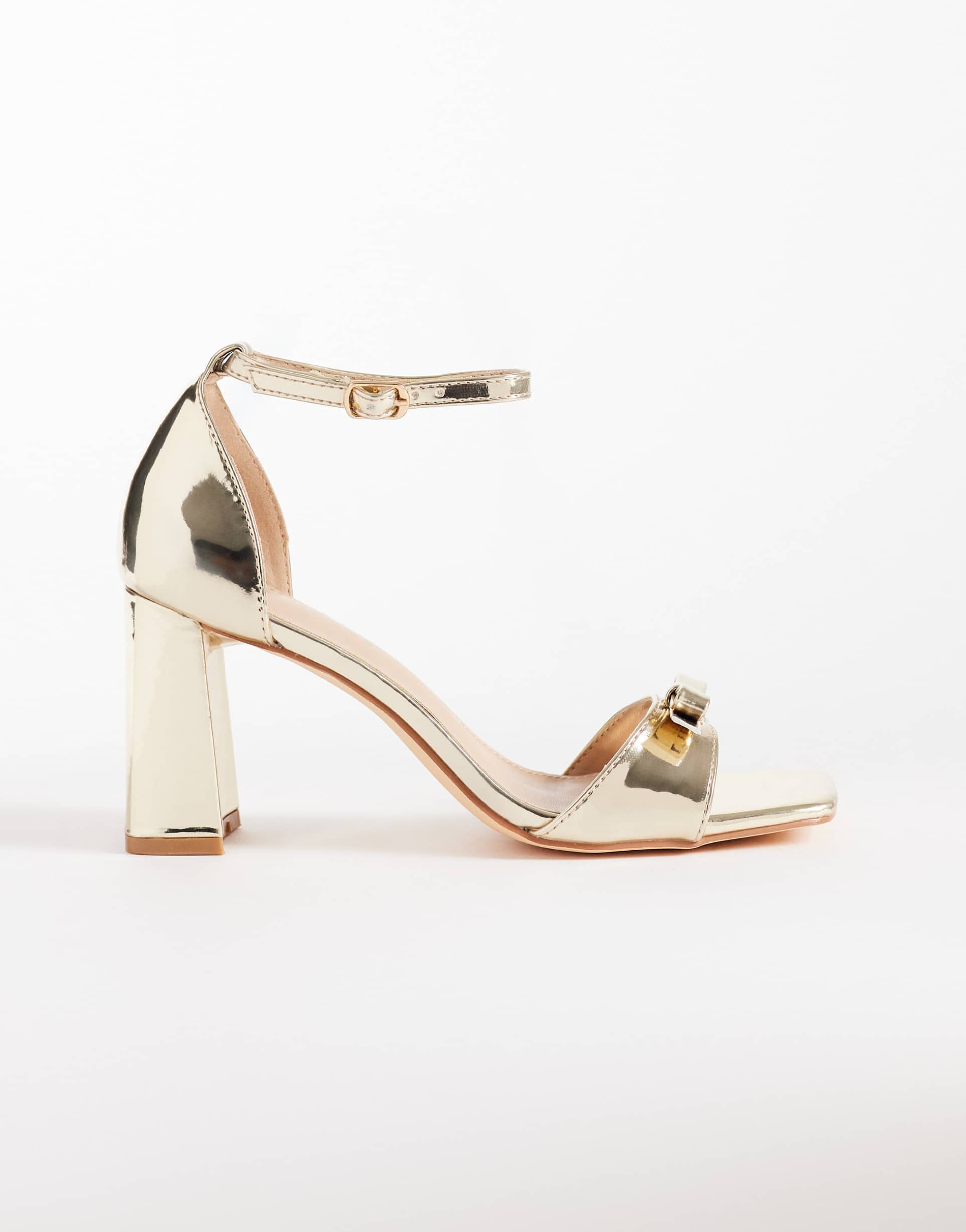 glamorous wide fit block heeled sandals with bow in gold