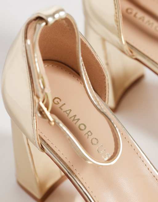 Glamorous Wide Fit block heeled sandals with bow in gold, 2 of 4