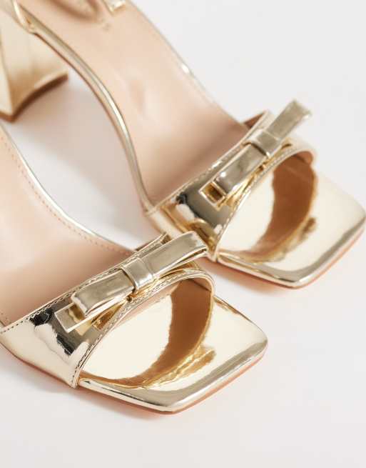 Glamorous Wide Fit block heeled sandals with bow in gold, 4 of 4