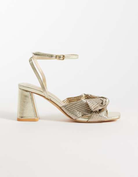Glamorous Wide Fit block heeled sandals with bow in gold - view 1