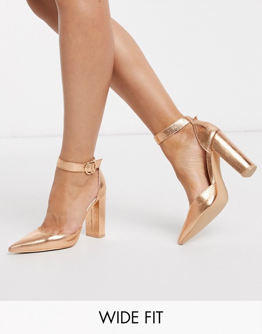 Glamorous Wide Fit block heeled shoe in rose gold
