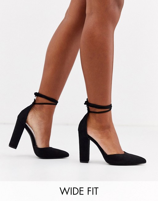 Glamorous Wide Fit block heeled shoes with ankle tie in black