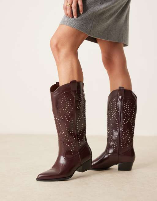 Glamorous Wide Fit - Bordeaux western-knæstøvler med nitter, 4 af 4