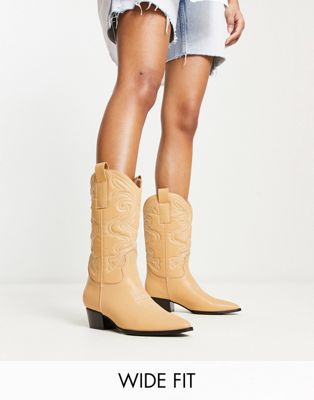 Glamorous Wide Fit knee western boots in beige  - ASOS Price Checker