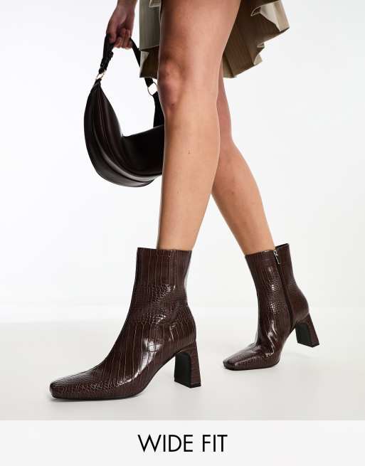 Glamorous Wide Fit Bottines effet croco talon mi haut Marron