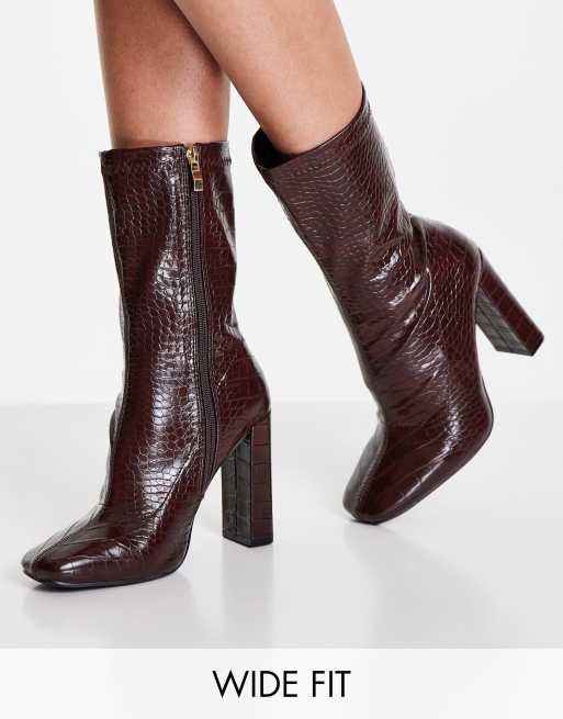 Glamorous Wide Fit – Brązowe botki z dzianinową cholewką na klockowym obcasie