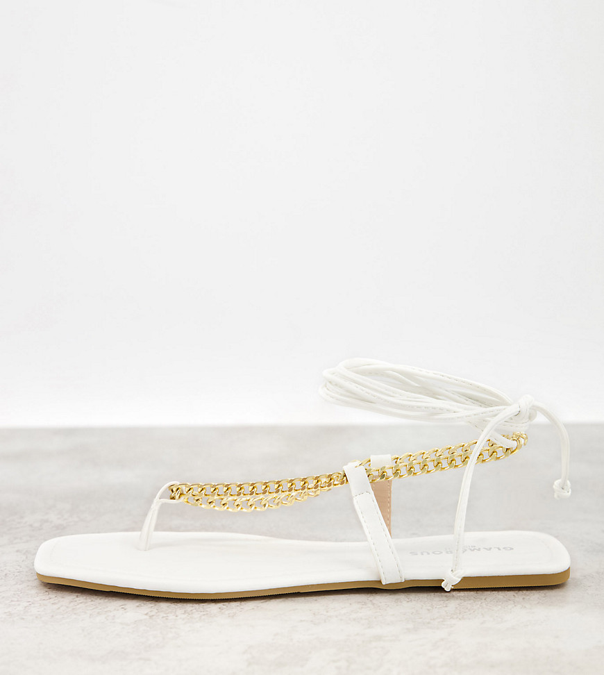 Glamorous Wide Fit chain detail flat sandals in white