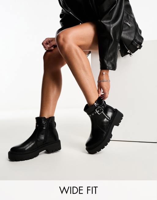 Glamorous Wide Fit lace up flat ankle boots with buckles in black