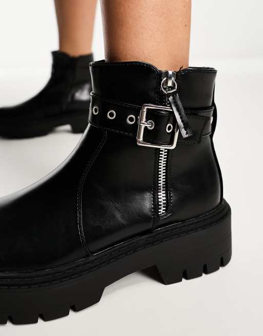 Glamorous Wide Fit lace up flat ankle boots with buckles in black