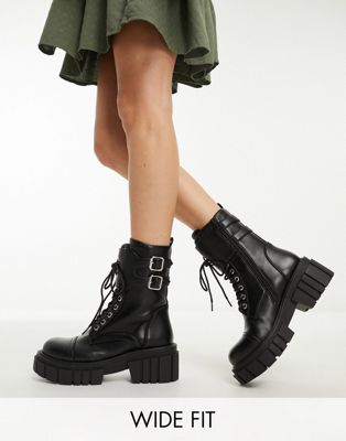 Glamorous Wide Fit lace up flat ankle boots with buckles in black