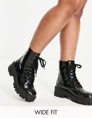 Glamorous Wide Fit Chunky Lace Up Boots In Black Croc