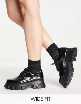 Glamorous Wide Fit Chunky Lace Up Shoes In Black ModeSens