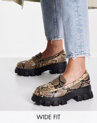 Glamorous Wide Fit chunky loafer shoes in natural snake print