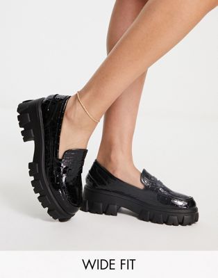 Glamorous Wide Fit chunky loafers in black croc - ASOS Price Checker