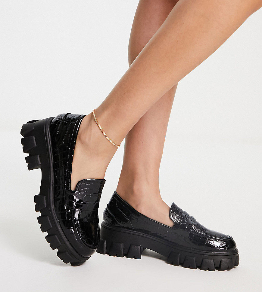 Glamorous Wide Fit Chunky Loafers In Black Croc