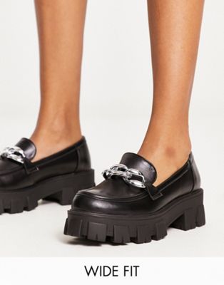Glamorous Wide Fit chunky loafers with silver chain in black - ASOS Price Checker