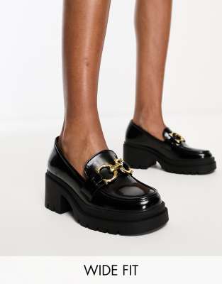 Glamorous Wide Fit Glamorous Wide Fit chunky mid heeled loafers with buckle in black