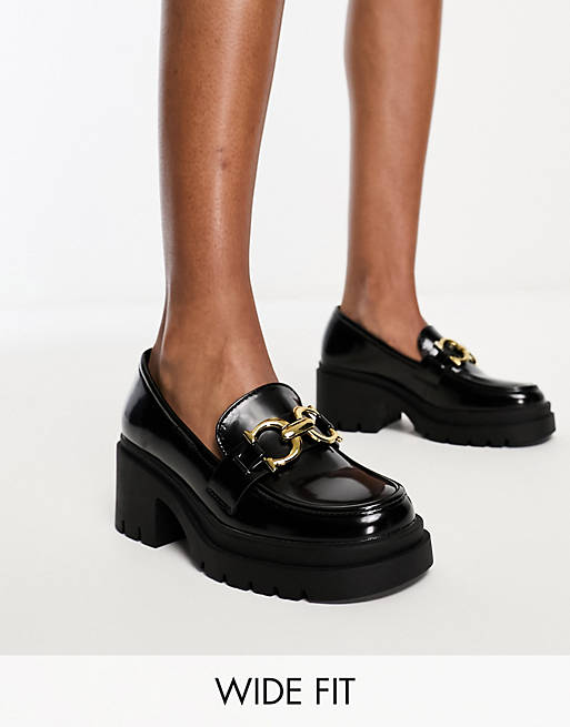 Glamorous Wide Fit chunky mid heeled loafers with buckle in black | ASOS