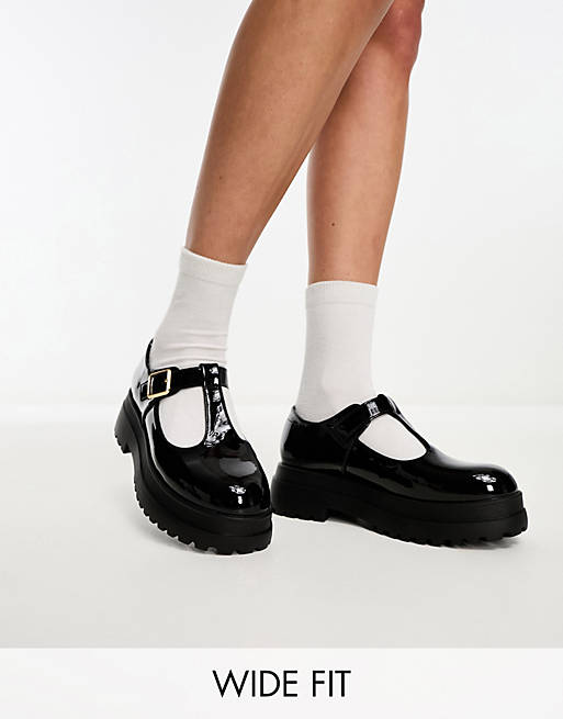 Glamorous Wide Fit chunky t-bar mary janes in black patent | ASOS