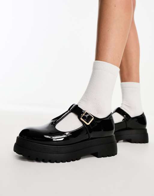 Glamorous Wide Fit chunky t bar mary janes in black patent ASOS