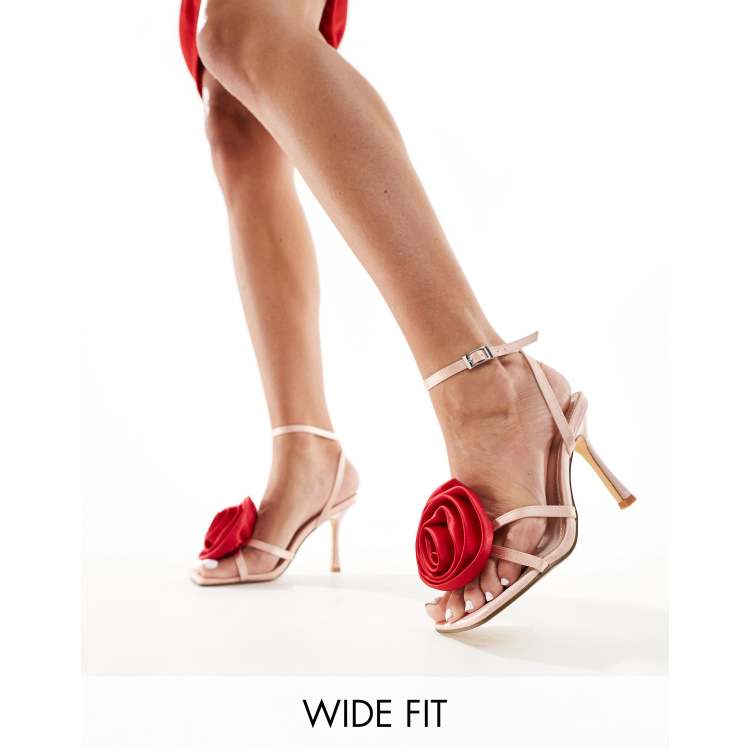 Glamorous Wide Fit corsage barely there heeled sandals in pink and red satin