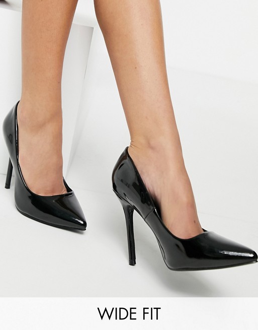 Glamorous Wide Fit court shoes in black patent