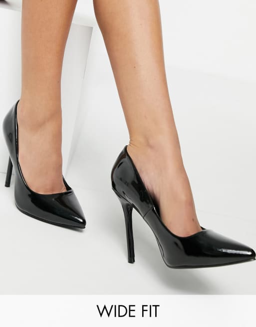 wide fit black patent court shoes