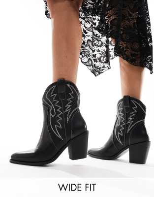 Glamorous Wide Fit - Cowboy-Stiefeletten in Schwarz, weite Passform